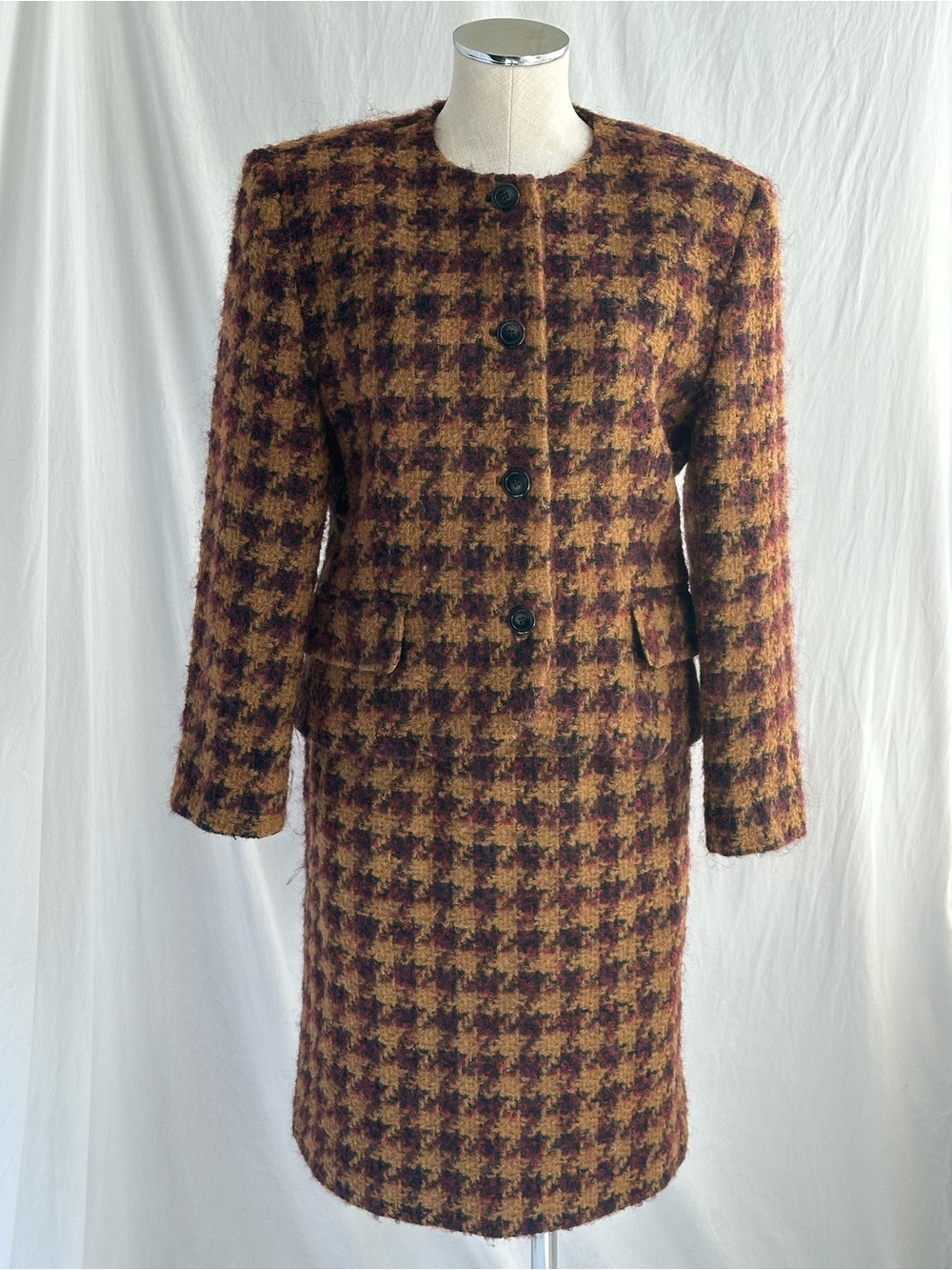 Vintage Jones New York Wool Houndstooth Skirt Suit Set | Maroon + Brown | Size 8